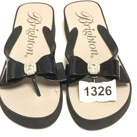 BRIGHTON Bowie Wedge Womens Shoes Black Flip Flops Black Bow & Rhinestone Sz. 10 - Picture 9 of 9